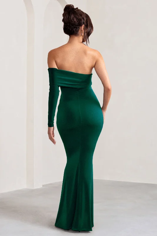 Meghan | Bottle Green Bardot Neck Thigh Split Fishtail Maxi Dress