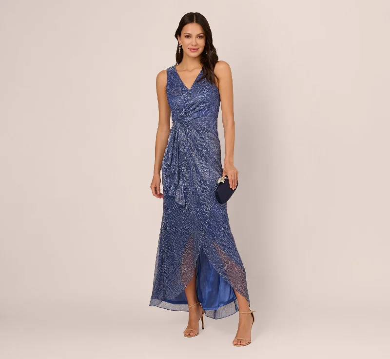 Metallic Mesh Faux Wrap Gown With Ruffle Accents In Light Navy