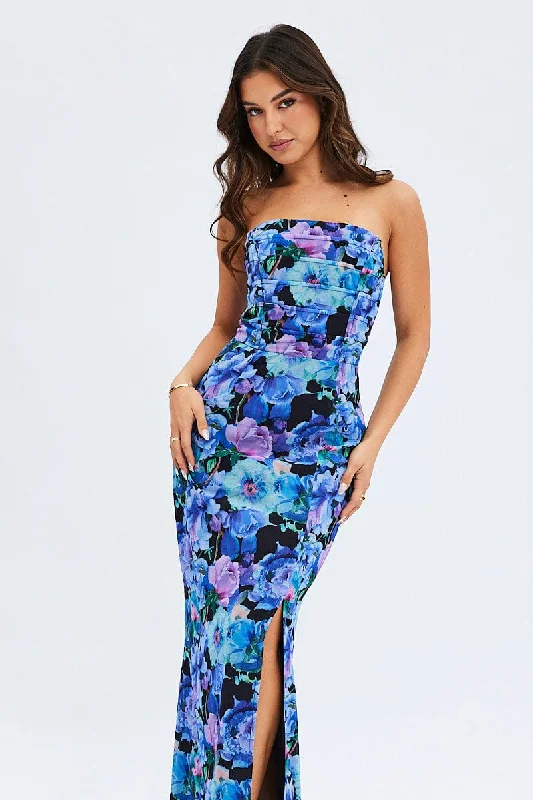 Multi Floral Bandeau Strapless Side Split Chiffon Maxi Dress