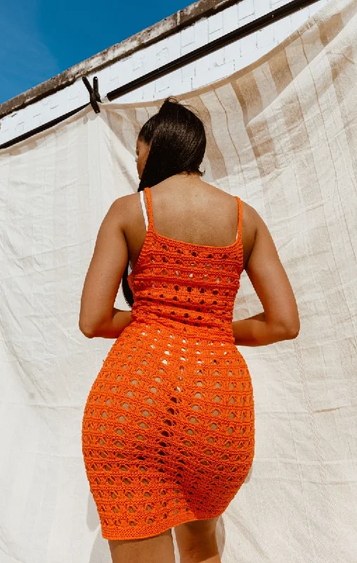 Orange Crochet Open Weave Strappy Bodycon Mini Dress - Winnie