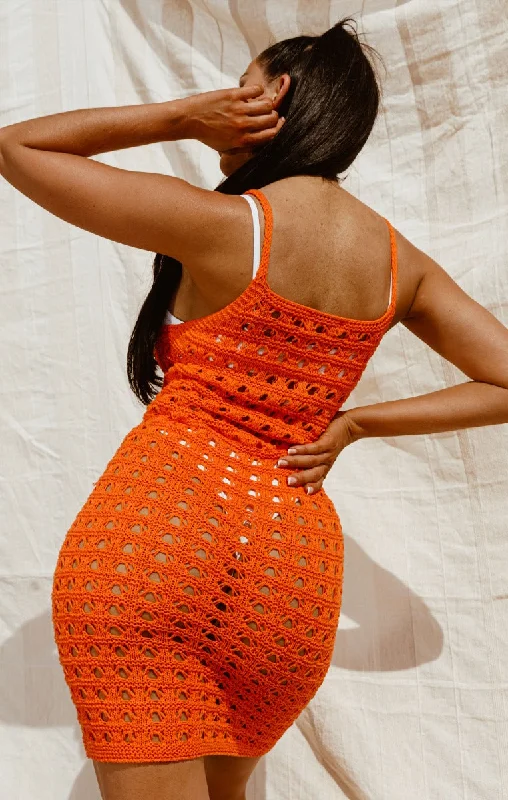 Orange Crochet Open Weave Strappy Bodycon Mini Dress - Winnie