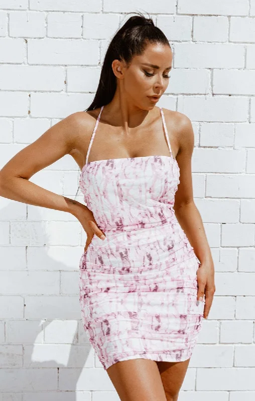 Pink Marble Print Ruched Strappy Cross Over Bodycon Mini Dress - Anouk