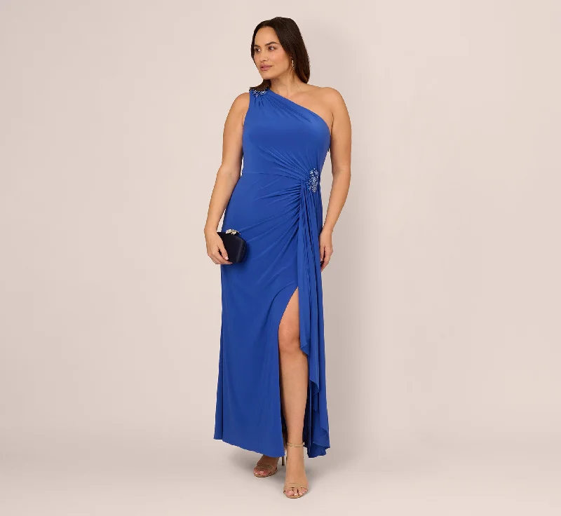 Plus Size One Shoulder Draped Jersey Gown With Floral Sequin Accents In Brilliant Sapphire