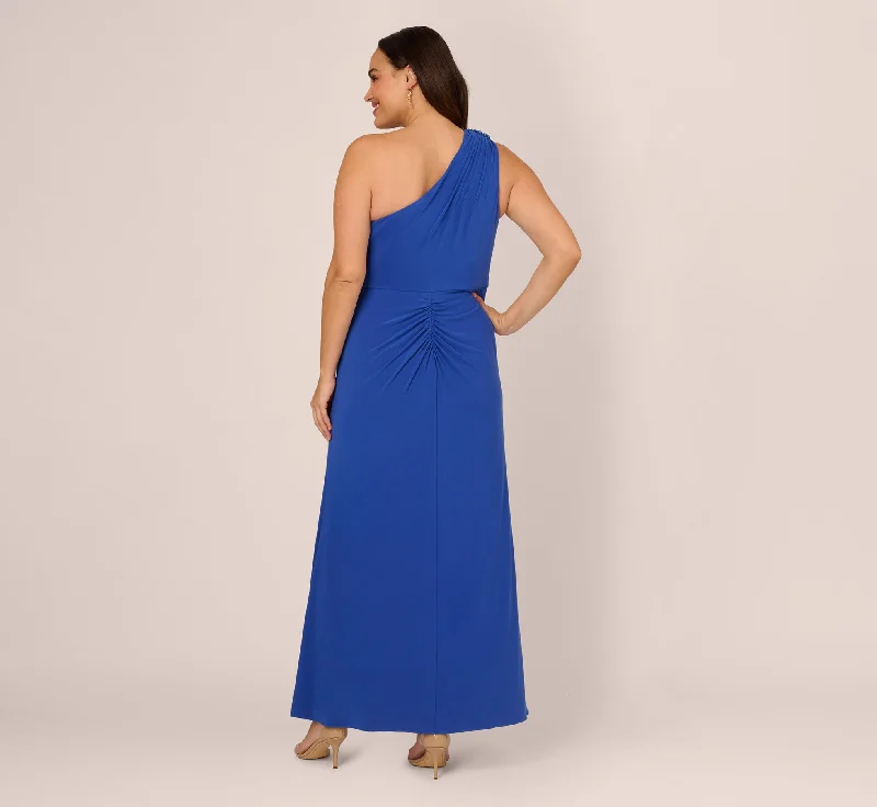 Plus Size One Shoulder Draped Jersey Gown With Floral Sequin Accents In Brilliant Sapphire