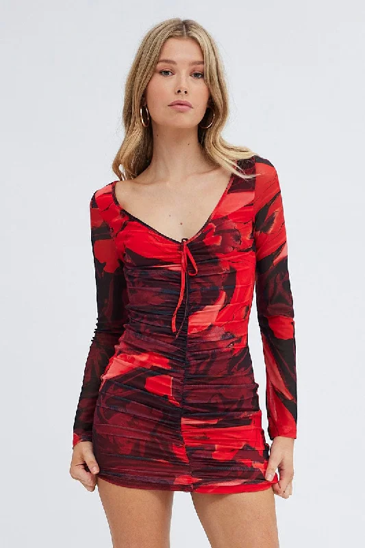 Red Abstract Mesh Mini Dress V Neck Long Sleeve Ruched