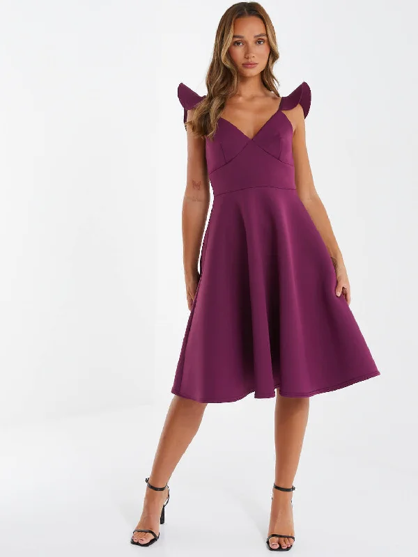 Scuba Foam Frill Sleeve Midi Dress