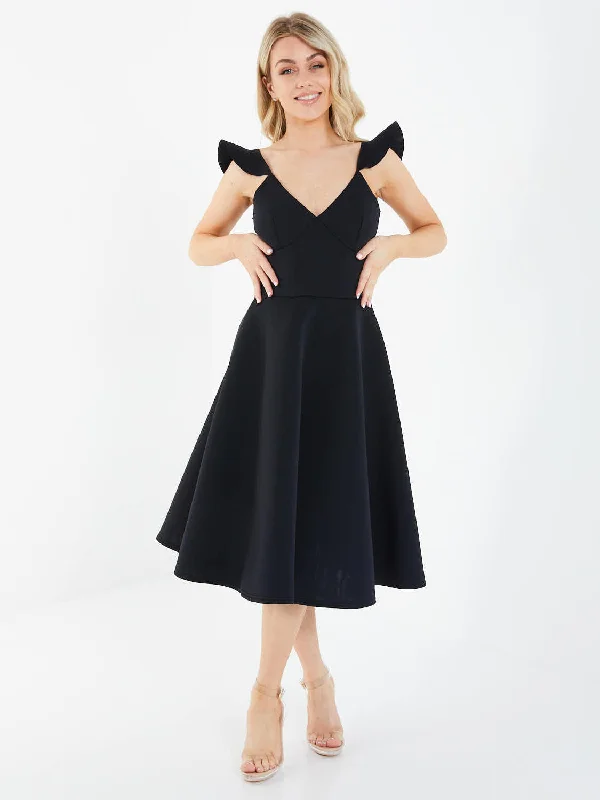 Scuba Foam Frill Sleeve Midi Dress