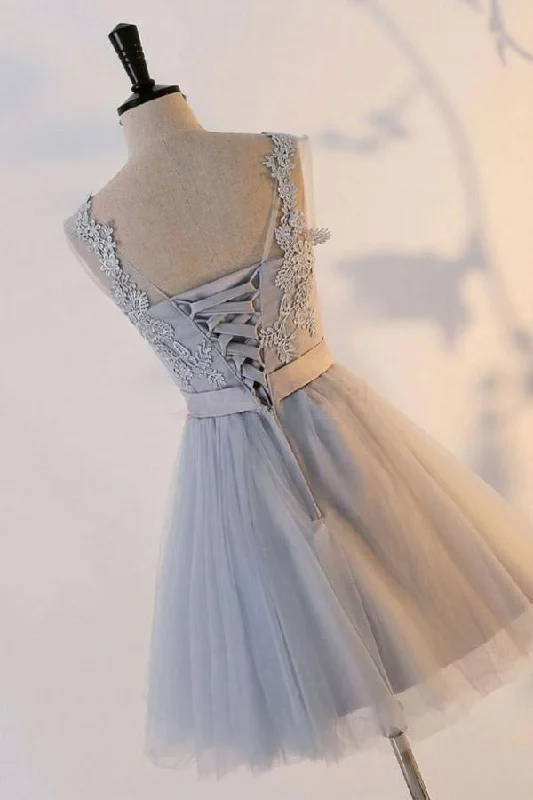 Silver Knot Tulle Homecoming Dresses Short Prom Dresses with Applique PD302