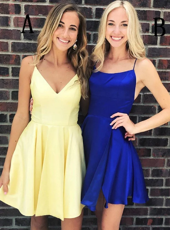 Simple Spaghetti Strap Yellow/Royal Blue Short Homecoming Dress  PD275