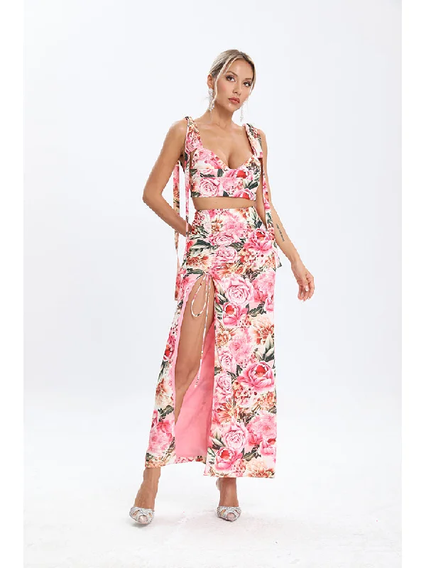 SS2282 Beautiful Designers Latest Ladies Two Piece Skirt Set Women Clothing Summer Floral Midi Prom Dress