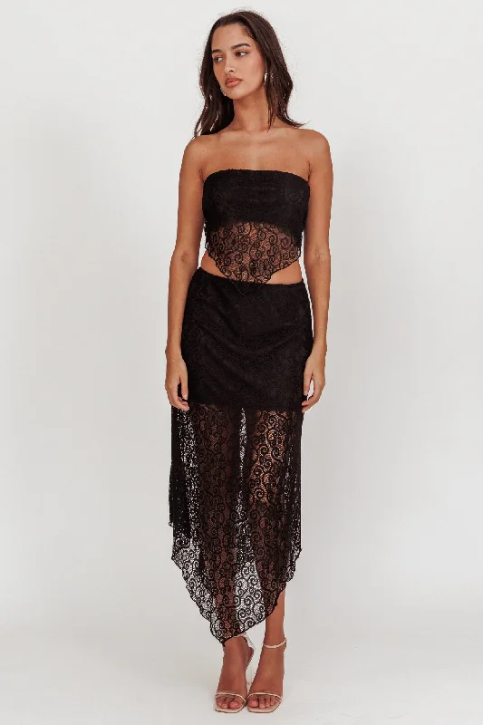 Sweet Words V-Hem Lace Midi Skirt Black