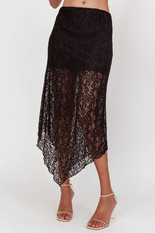 Sweet Words V-Hem Lace Midi Skirt Black