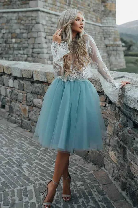 Two Piece Tulle See Through Long Sleeve Lace Homecoming Dress PD208