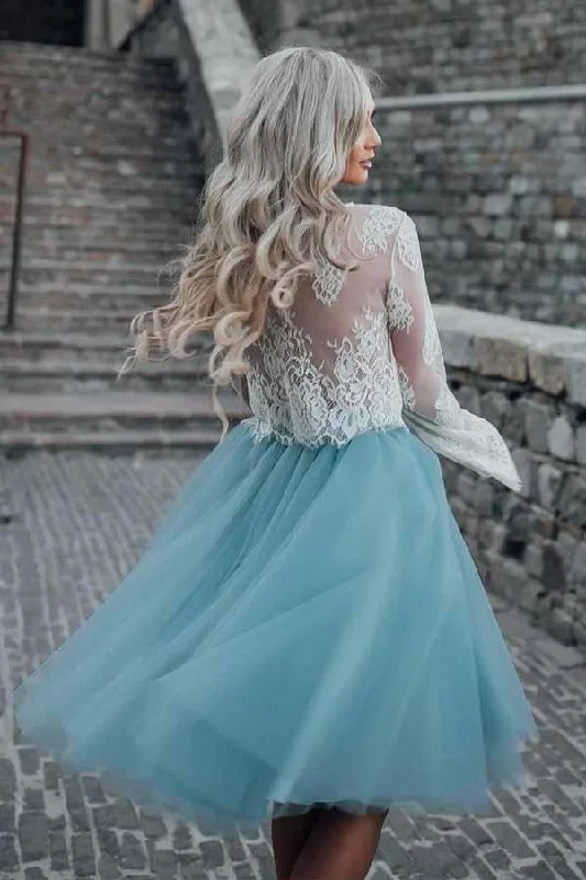 Two Piece Tulle See Through Long Sleeve Lace Homecoming Dress PD208