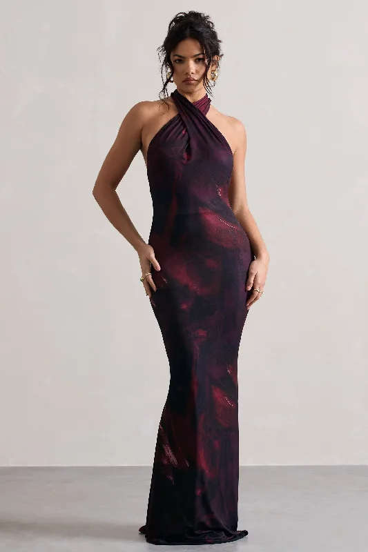 Invincible | Plum Print Cross Over Halter-Neck Open-Back Maxi Dress