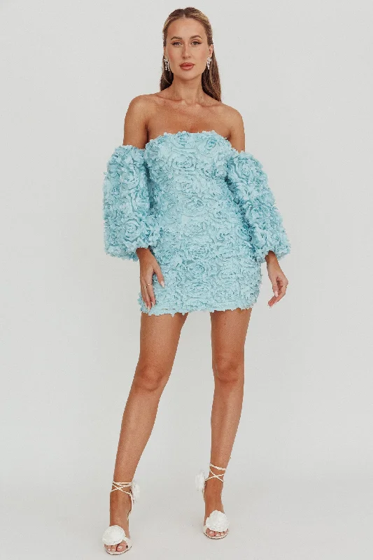 Vive La Rose Off-Shoulder Floral Mini Dress Baby Blue