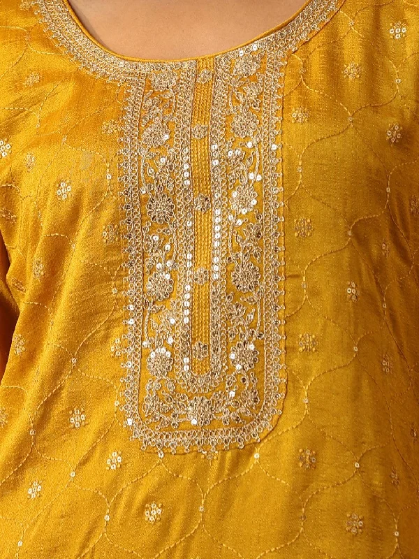 Yellow Embroidered Silk Blend Suit Set With Trousers