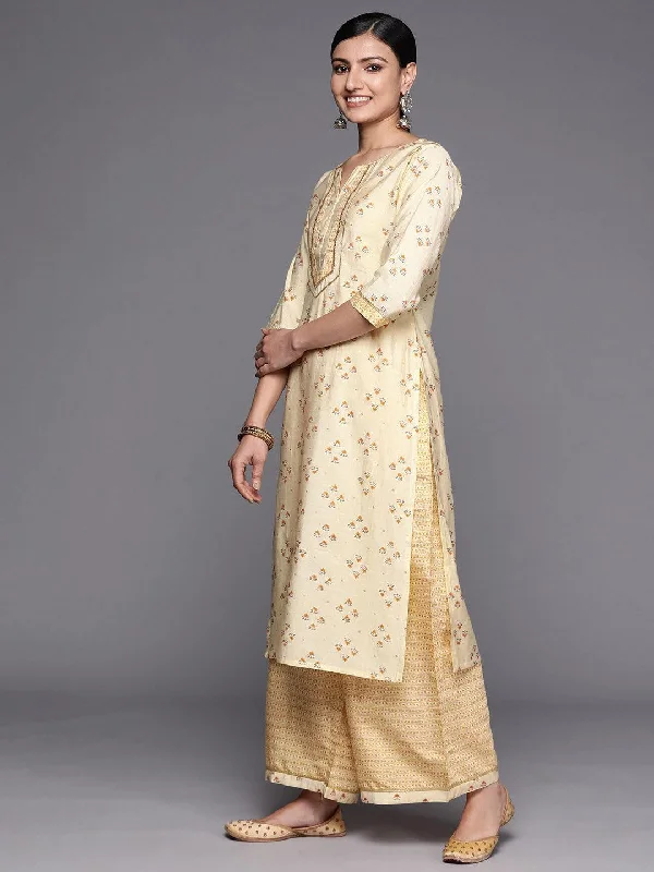 Yellow Printed Silk Blend Straight Kurta Set With Palazzos