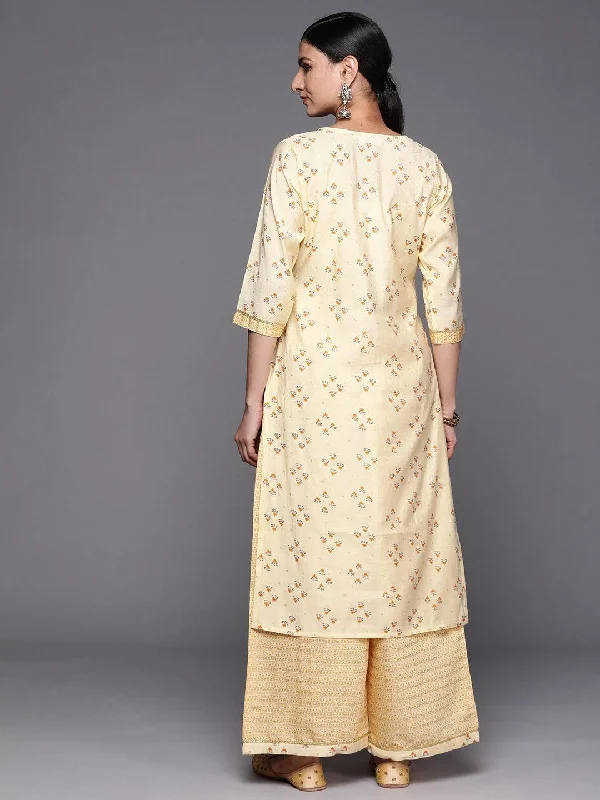 Yellow Printed Silk Blend Straight Kurta Set With Palazzos