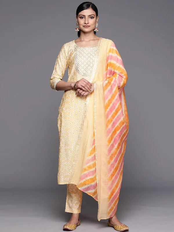 Yellow Yoke Design Silk Blend Straight Suit Set With Trousers