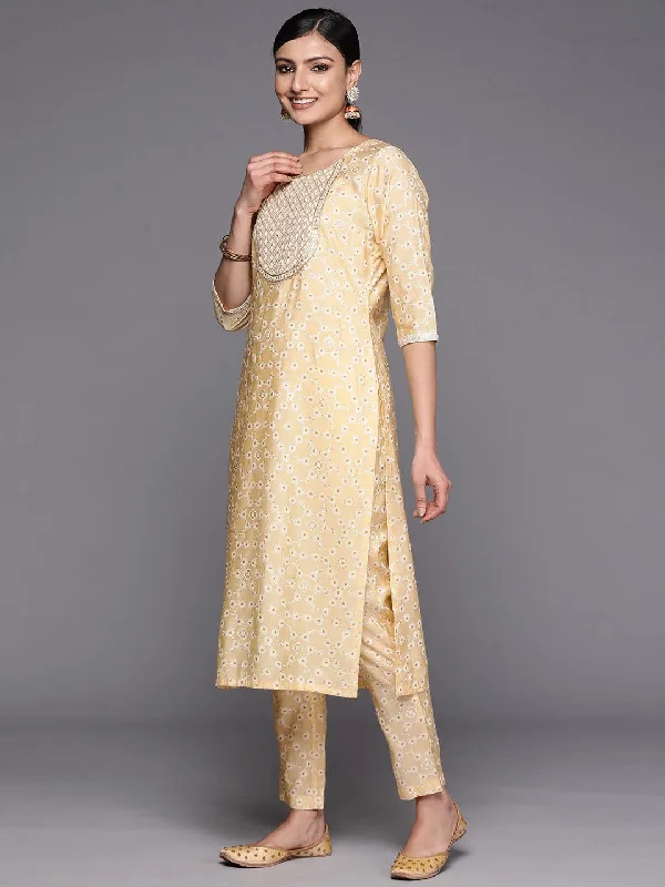 Yellow Yoke Design Silk Blend Straight Suit Set With Trousers