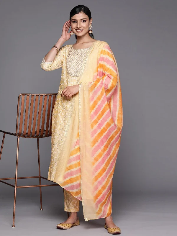 Yellow Yoke Design Silk Blend Straight Suit Set With Trousers