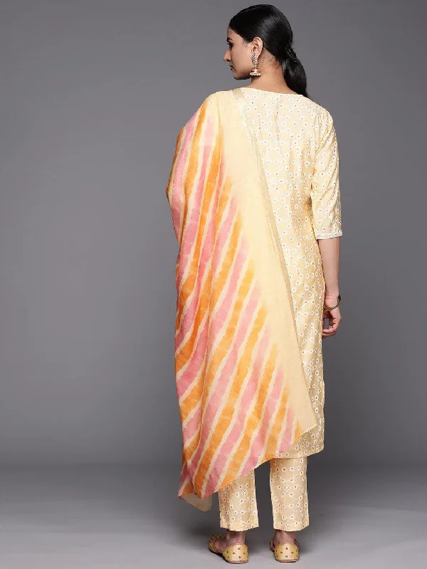 Yellow Yoke Design Silk Blend Straight Suit Set With Trousers