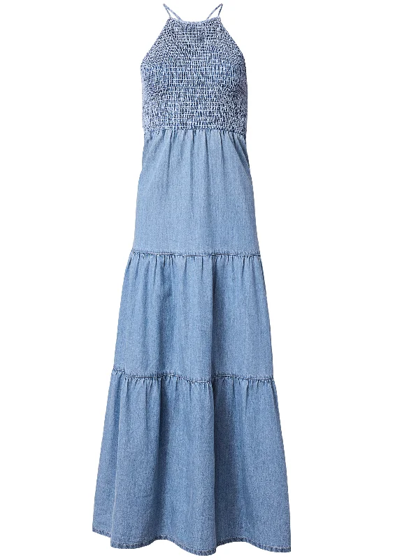 Smocked chambray dress - Light Wash