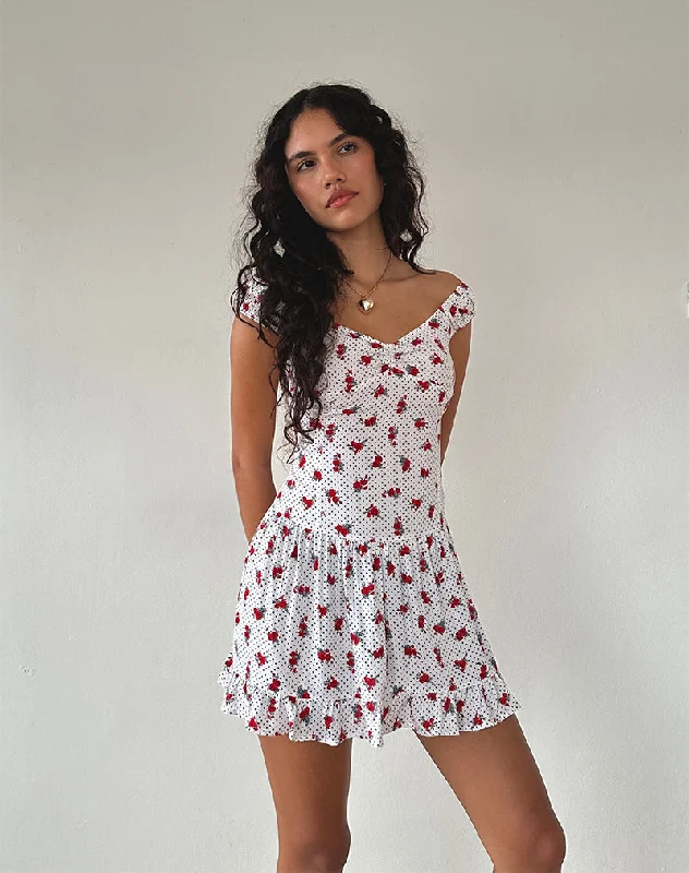 Aca Bardot Mini Dress in White Rose Polka