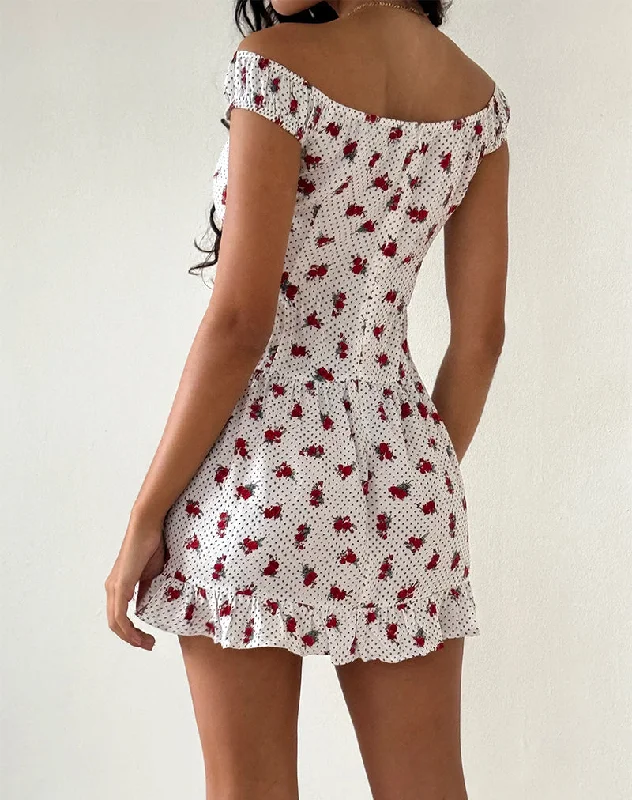 Aca Bardot Mini Dress in White Rose Polka