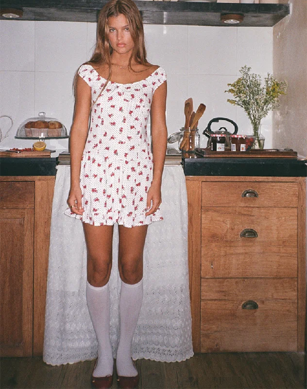 Aca Bardot Mini Dress in White Rose Polka