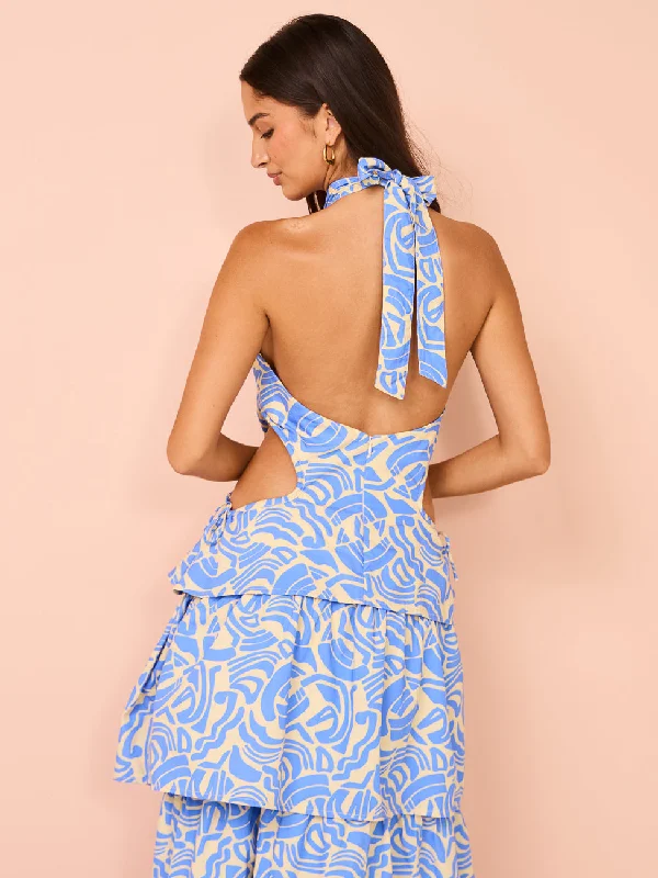 Ambra Maddalena Halter Neck Gown in Blue Swirl