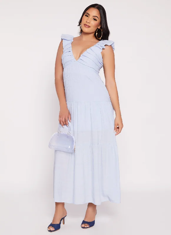 Ruched V Neck Tiered Maxi Dress