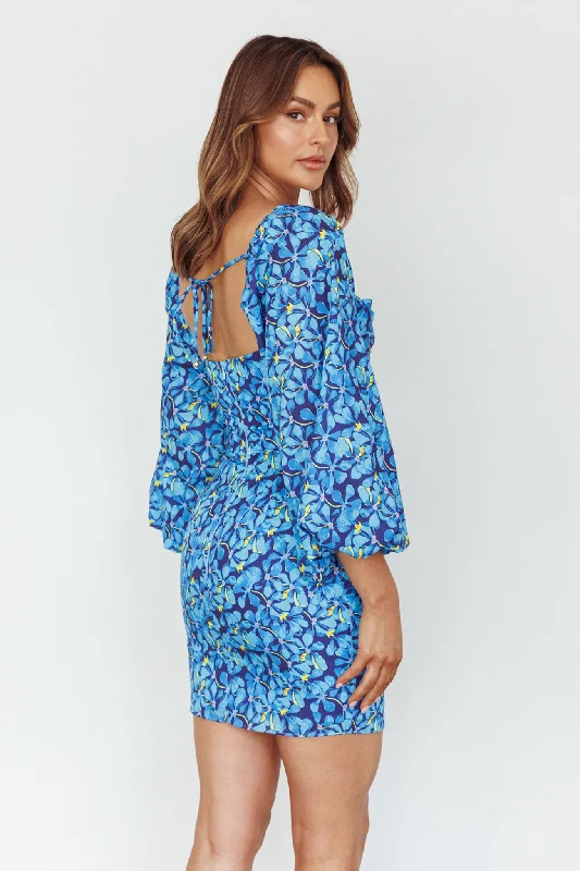 Beaujolais Long Sleeve Ruched Mini Dress Floral Blue