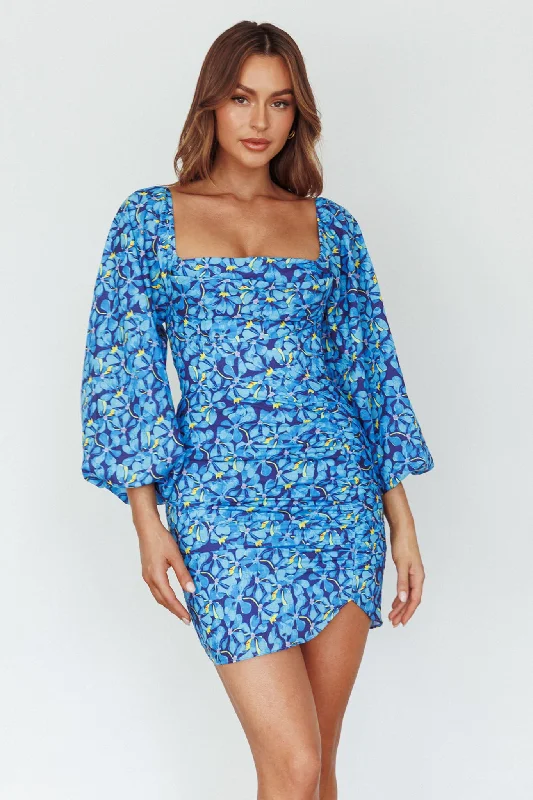 Beaujolais Long Sleeve Ruched Mini Dress Floral Blue