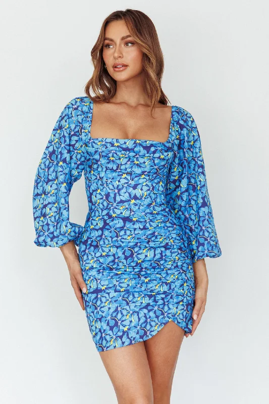 Beaujolais Long Sleeve Ruched Mini Dress Floral Blue