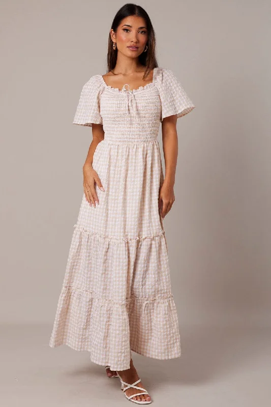 Beige Check Maxi Dress Short Sleeve Shirred