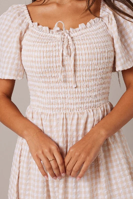 Beige Check Maxi Dress Short Sleeve Shirred