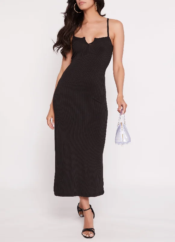 Ribbed Notch Neck Side Slit Maxi Dress