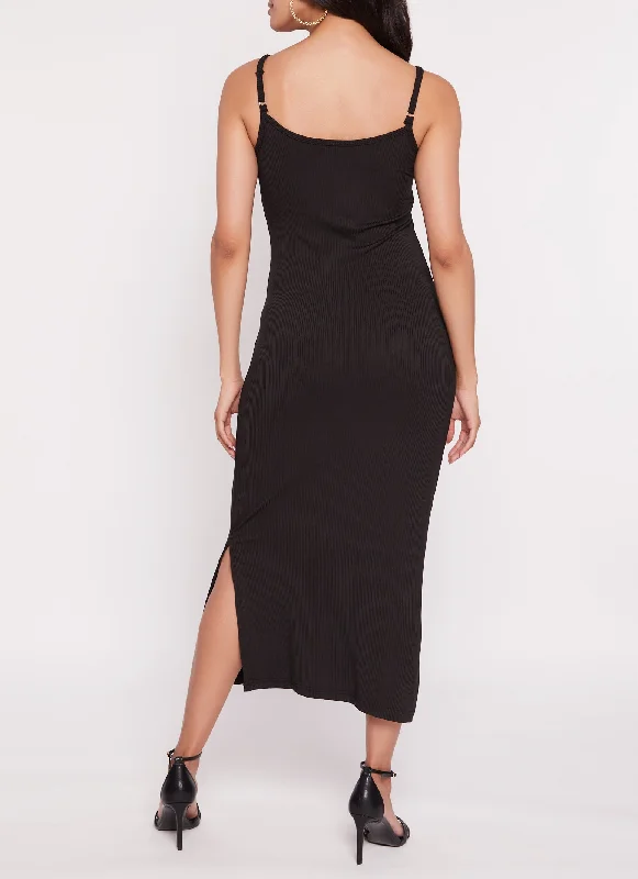 Ribbed Notch Neck Side Slit Maxi Dress