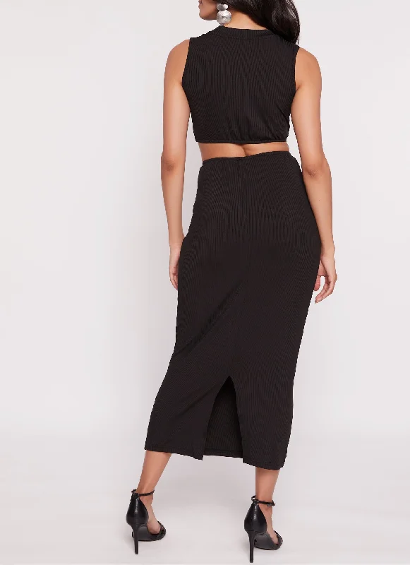 Solid Ribbed O Ring Cut Out Maxi Dress