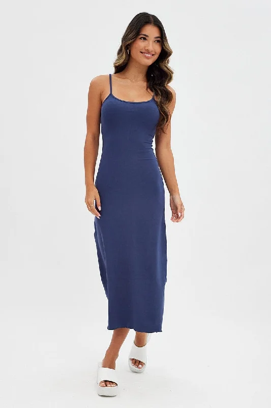 Blue Maxi Dress Sleeveless Scoop Neck Bodycon Jersey