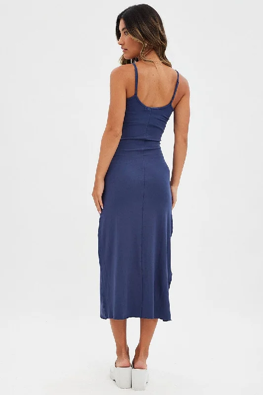 Blue Maxi Dress Sleeveless Scoop Neck Bodycon Jersey