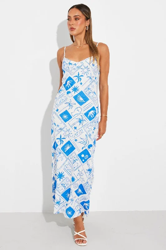 Blue Print Maxi Dress Bias Cut Linen Blend