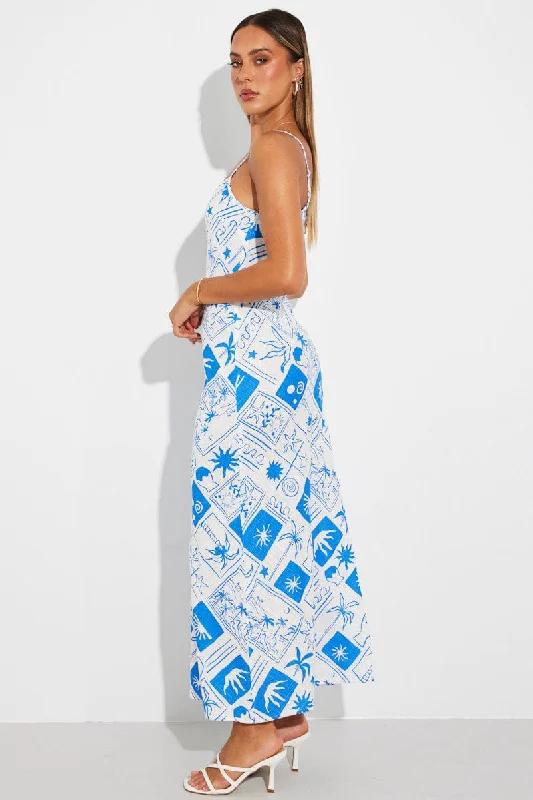 Blue Print Maxi Dress Bias Cut Linen Blend