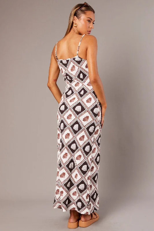 Brown Abstract Maxi Dress Bias Cut Linen Blend