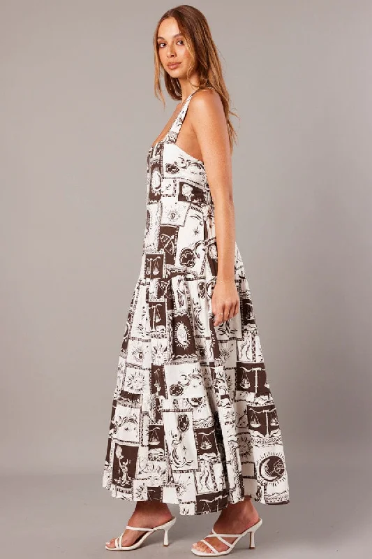 Brown Abstract Maxi Dress Square Neck Tiered