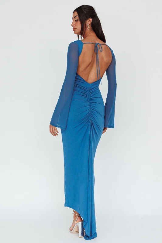 Crystal Ball Open Back Ruched Maxi Dress Blue