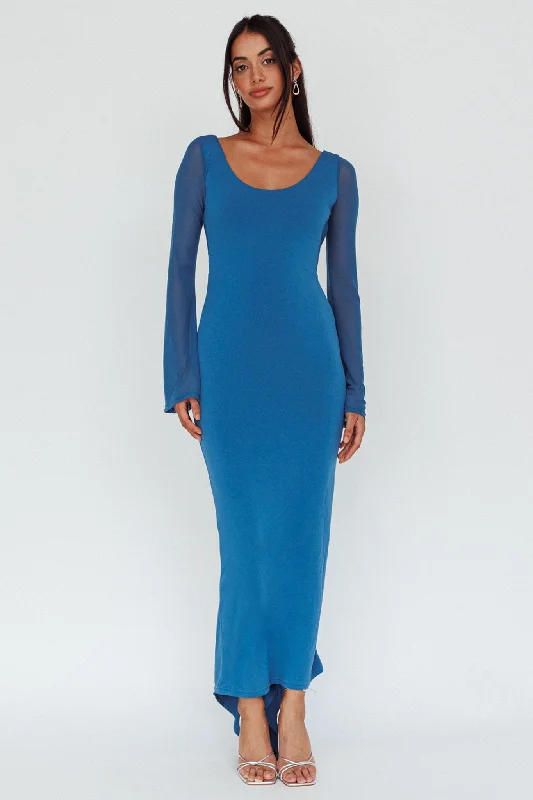 Crystal Ball Open Back Ruched Maxi Dress Blue