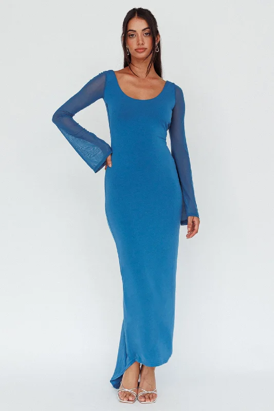 Crystal Ball Open Back Ruched Maxi Dress Blue